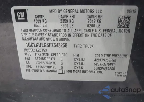 2015 Chevrolet Silverado 2500Hd Wt из США, поврежденный, VIN 1GC2KUEG6FZ543258